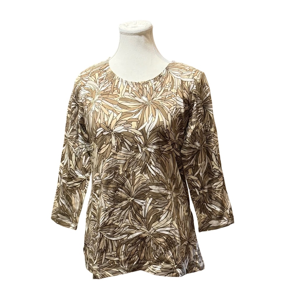 Appleseed's Floral Print Top Brown Beige Cream 3/4 Sleeve Women's Small